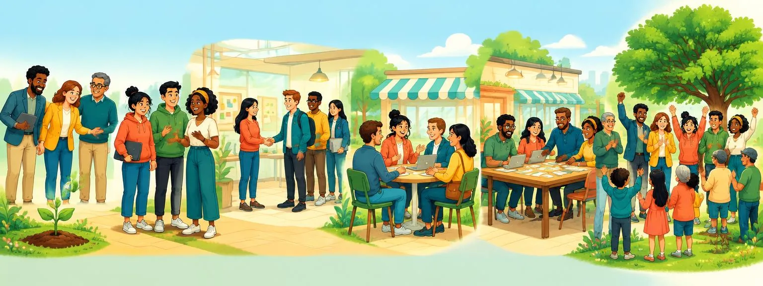 Investors and founders hiring a team, meeting customers, making decisions, and growing a community business