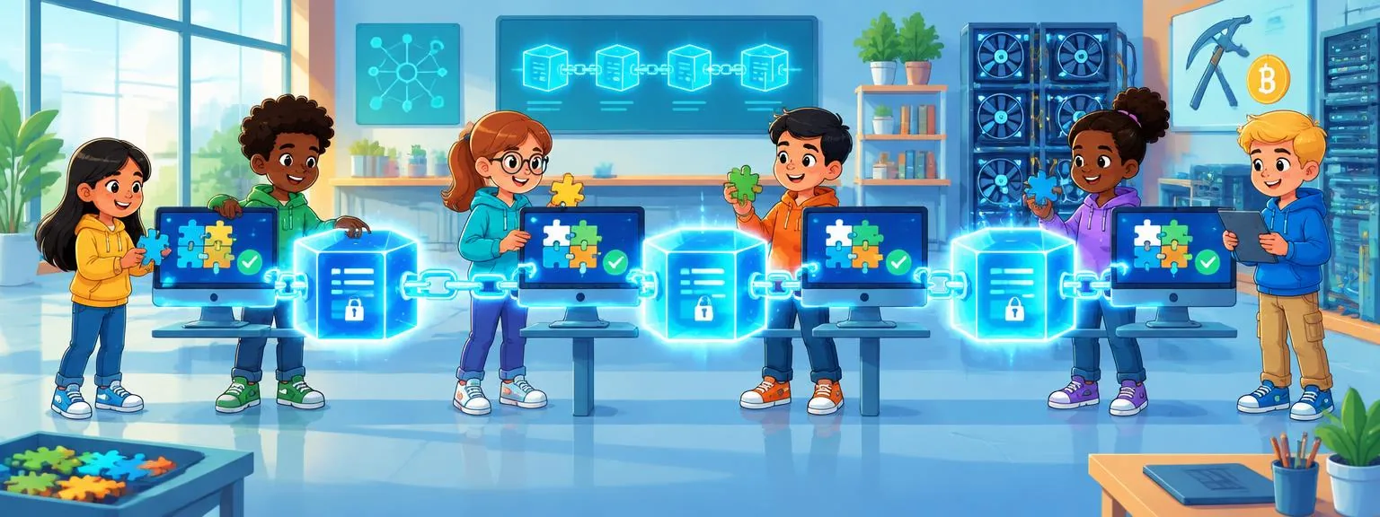 Children connecting and checking blocks in a shared digital ledger