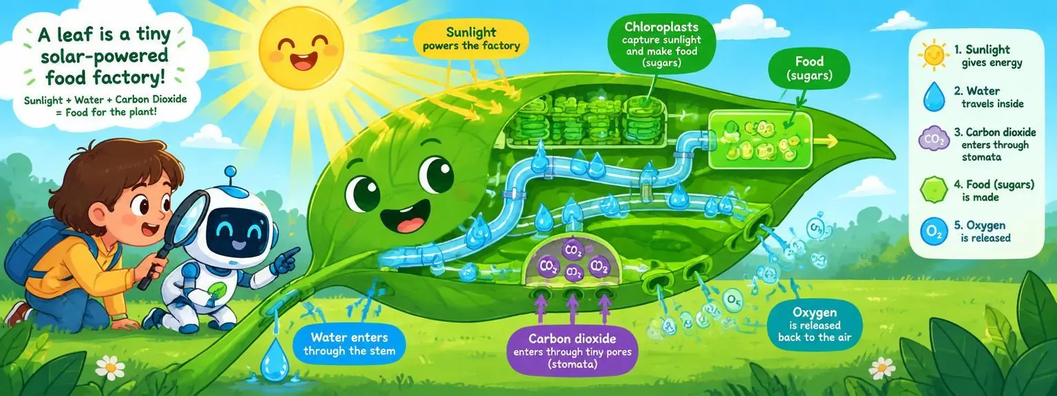 A giant smiling leaf drawn as a tiny solar-powered food factory under a happy sun