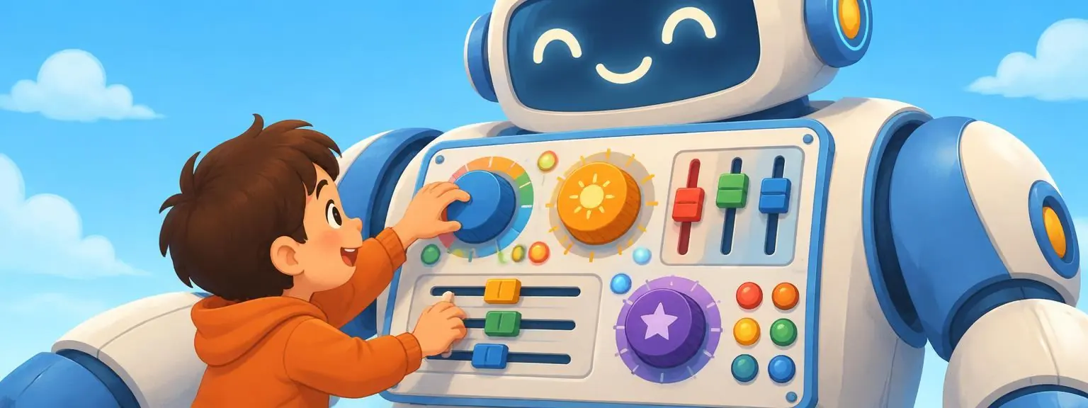 A kid turning colorful dials on a giant friendly robot's control panel
