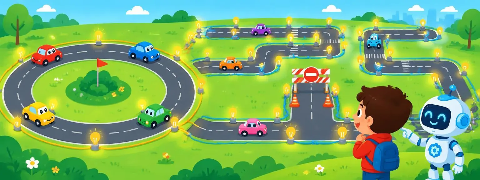 Toy cars driving on circular and parallel roads with glowing light bulbs along the wires