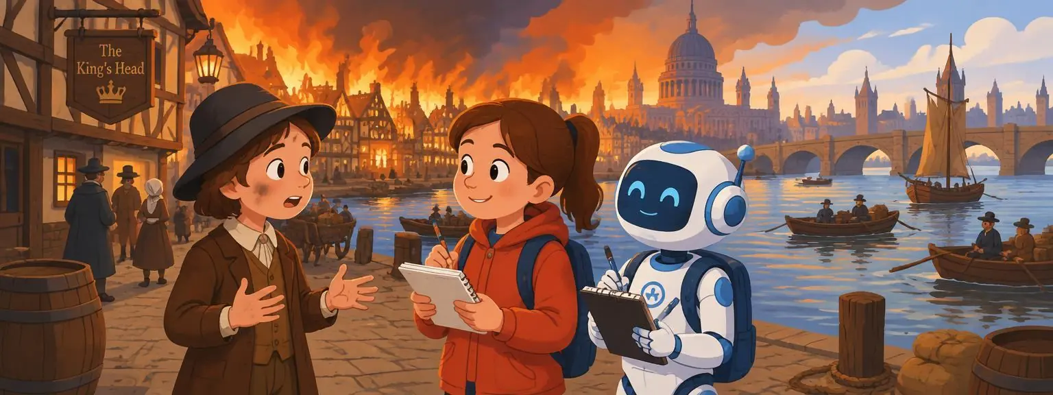 A modern kid interviewing a child from 1666 London with a robot taking notes by the Thames