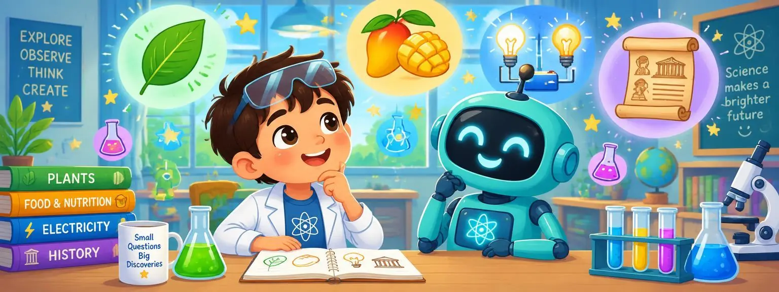 A kid scientist and a friendly robot in a colourful lab with a leaf, mangoes, circuits and a history scroll