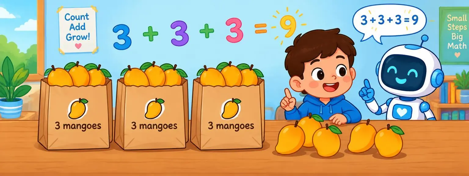 Three bags of mangoes on a table with a kid and a robot counting them