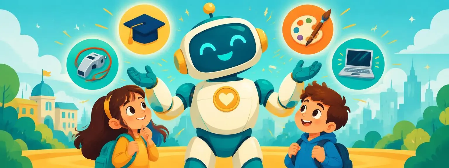 A friendly robot showing kids its many roles: teacher, coach, artist and coder