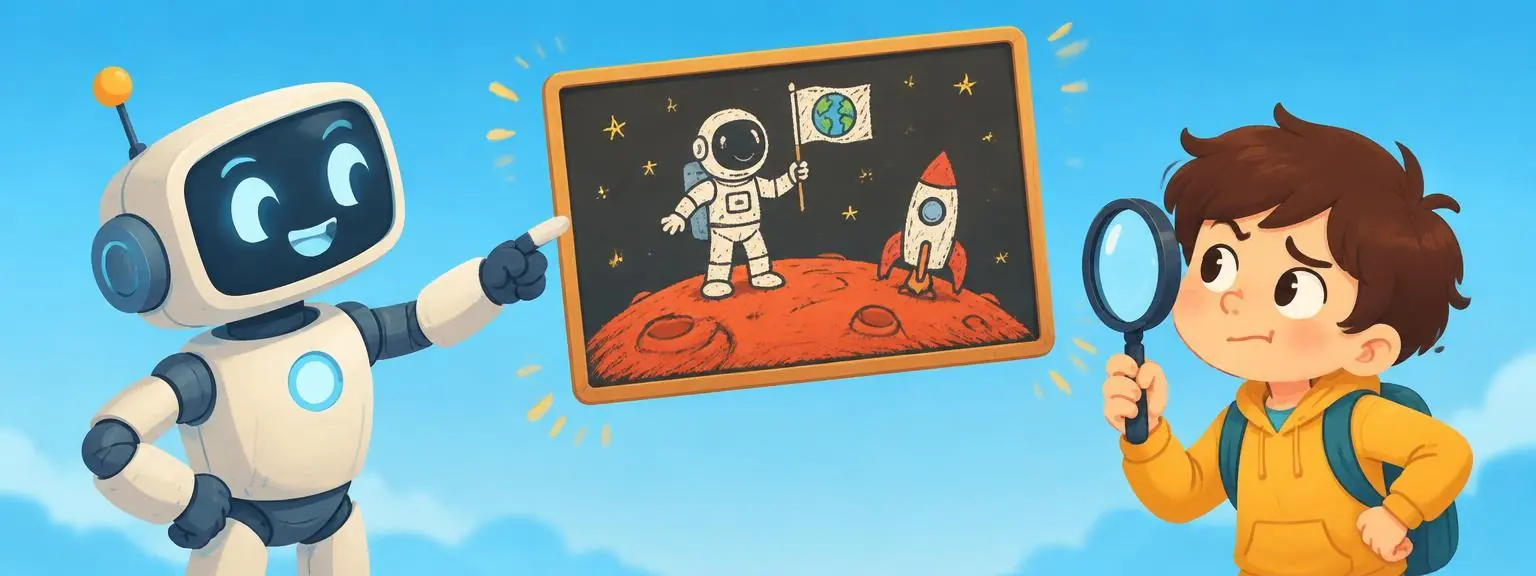 A robot proudly showing a made-up drawing while a kid checks it with a magnifying glass
