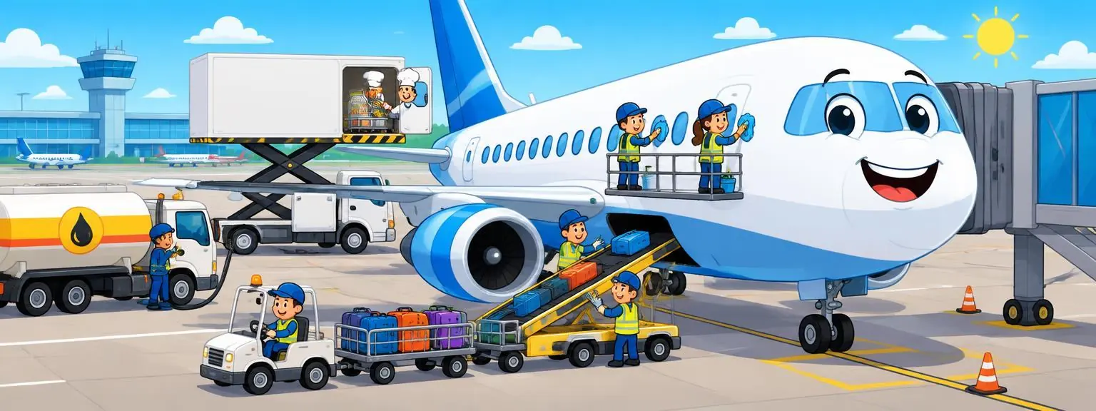 Ground crews cleaning, loading bags and refueling a smiling plane at the gate