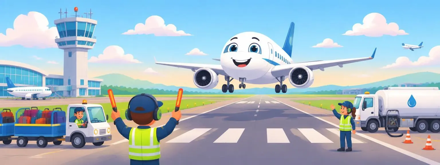 A smiling cartoon plane landing at an airport with a control tower and ground crew