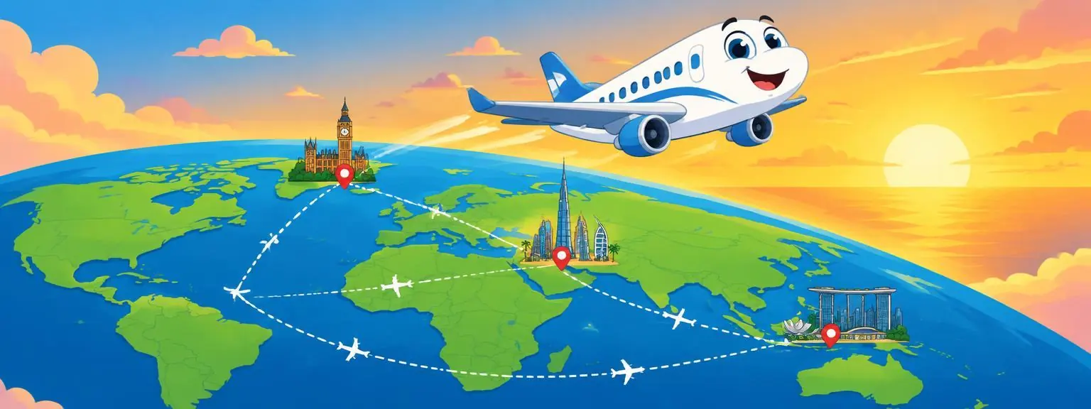 A cartoon plane flying over a world map with dotted flight routes connecting London, Dubai and Singapore