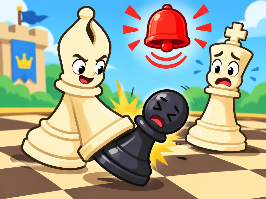 A bishop capturing a pawn while an alarm rings for check