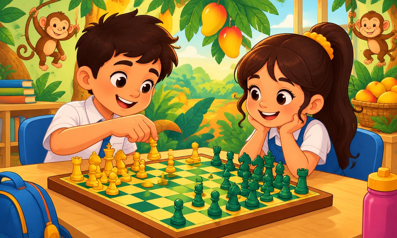 Two kids playing chess at a school table