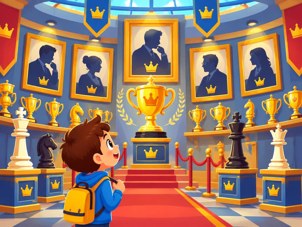 A hall of fame with chess champions and trophies