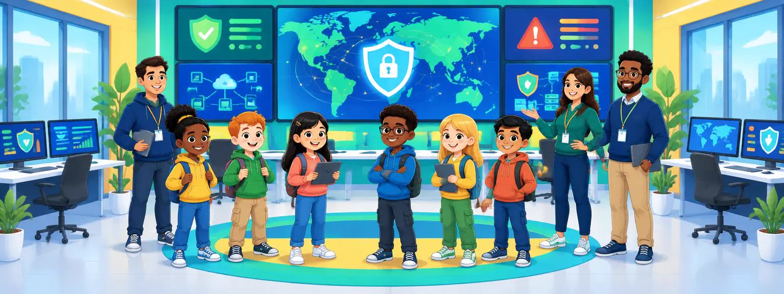 A complete team of children and adults inside a bright cybersecurity operations center