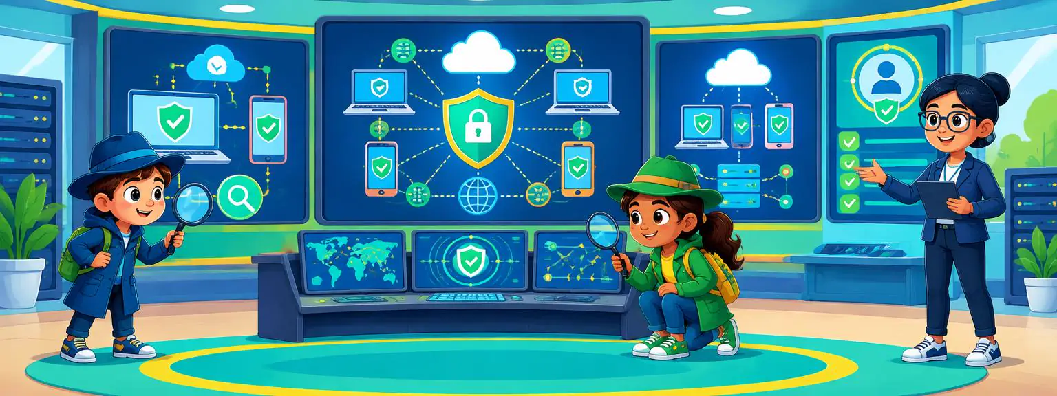 Children and a security analyst monitoring connected devices in a bright security operations center