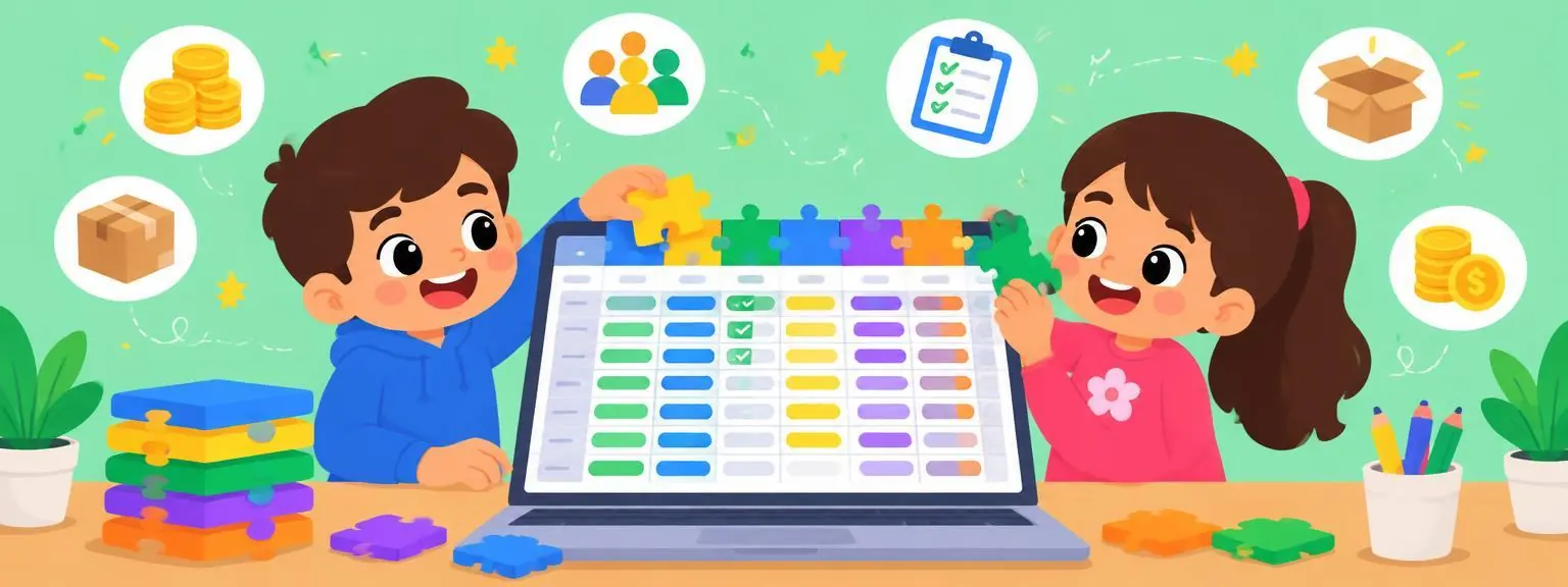 Cartoon kids building a giant spreadsheet with puzzle pieces
