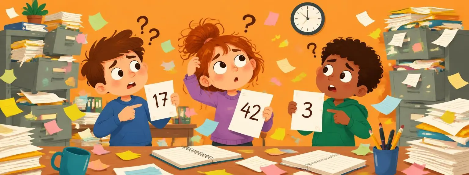 Cartoon kids confused in an office full of papers