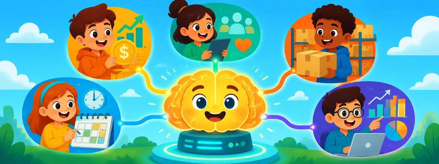 A cartoon brain computer connecting five kids and their teams