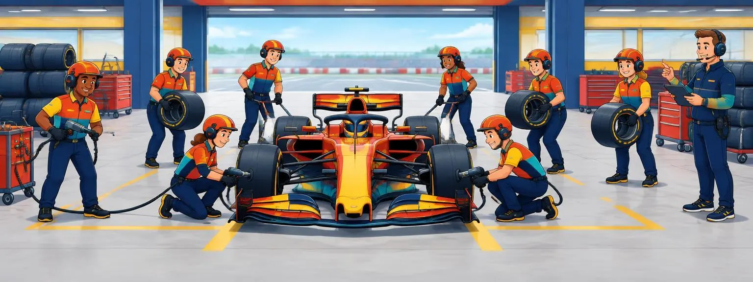 The complete pit crew standing around a Formula 1 car