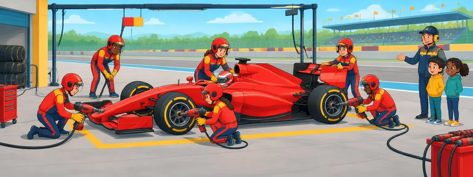 A complete Formula 1 car and pit crew working together