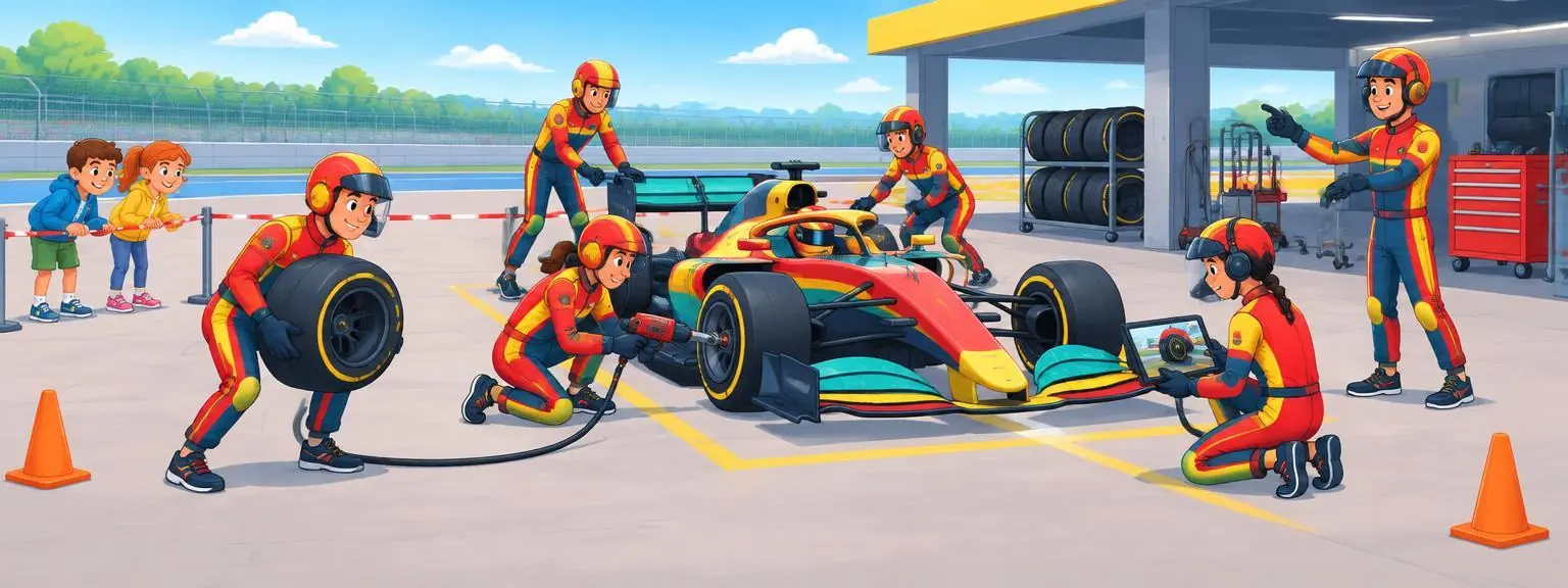 A complete pit crew practising with a car, tyres, and cameras