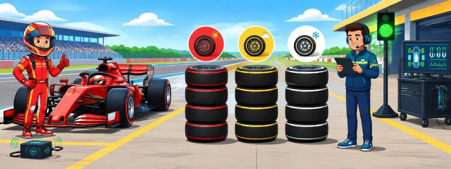 A complete Formula 1 car beside soft, medium, and hard tyres