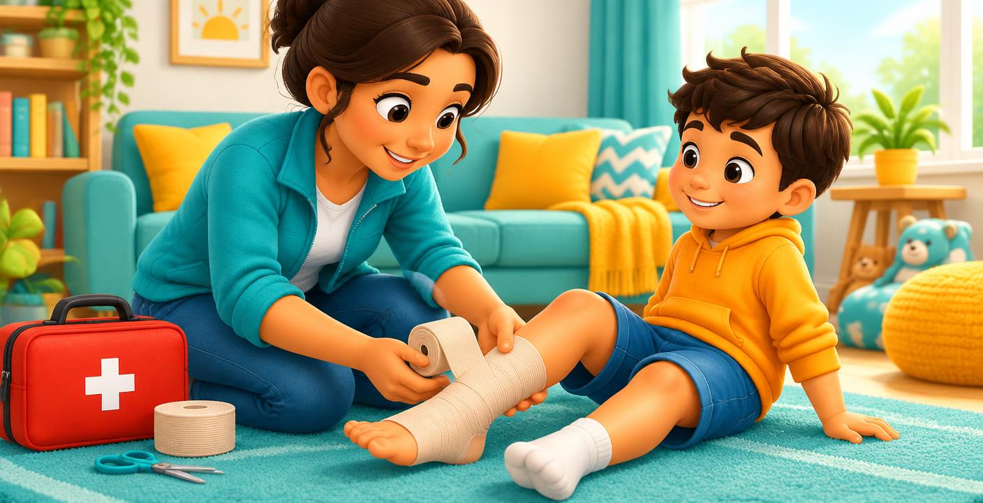 An adult gently wrapping a child's ankle with a supportive bandage