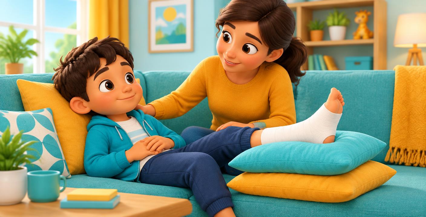 A child resting comfortably with an ankle raised on pillows