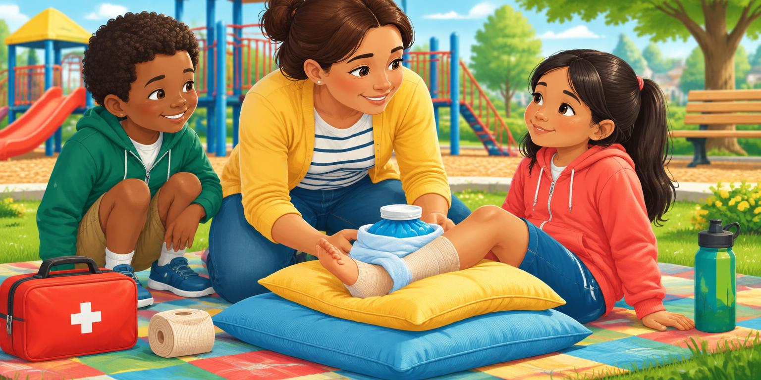 A child receiving calm first aid for a sore ankle at a playground