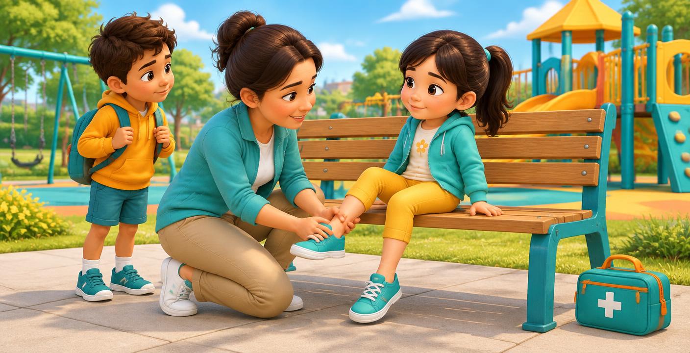 A child sitting safely while an adult checks a sore ankle