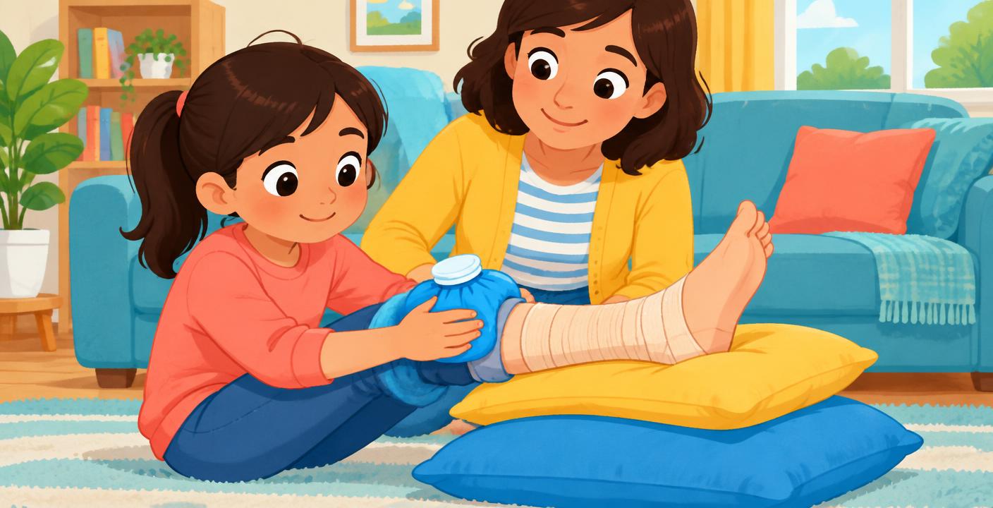 A child using a wrapped cold pack while an adult helps