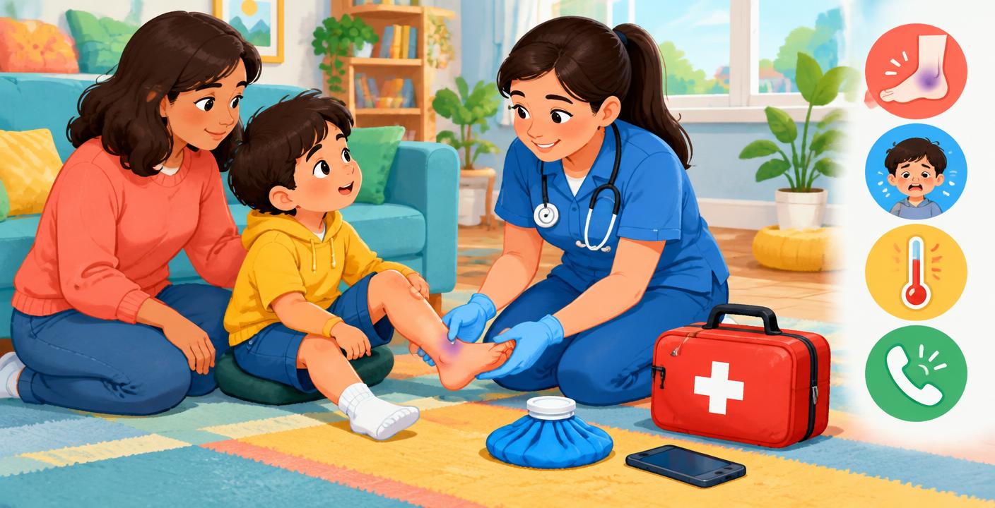 A child and parent getting help from a medical professional for an ankle injury