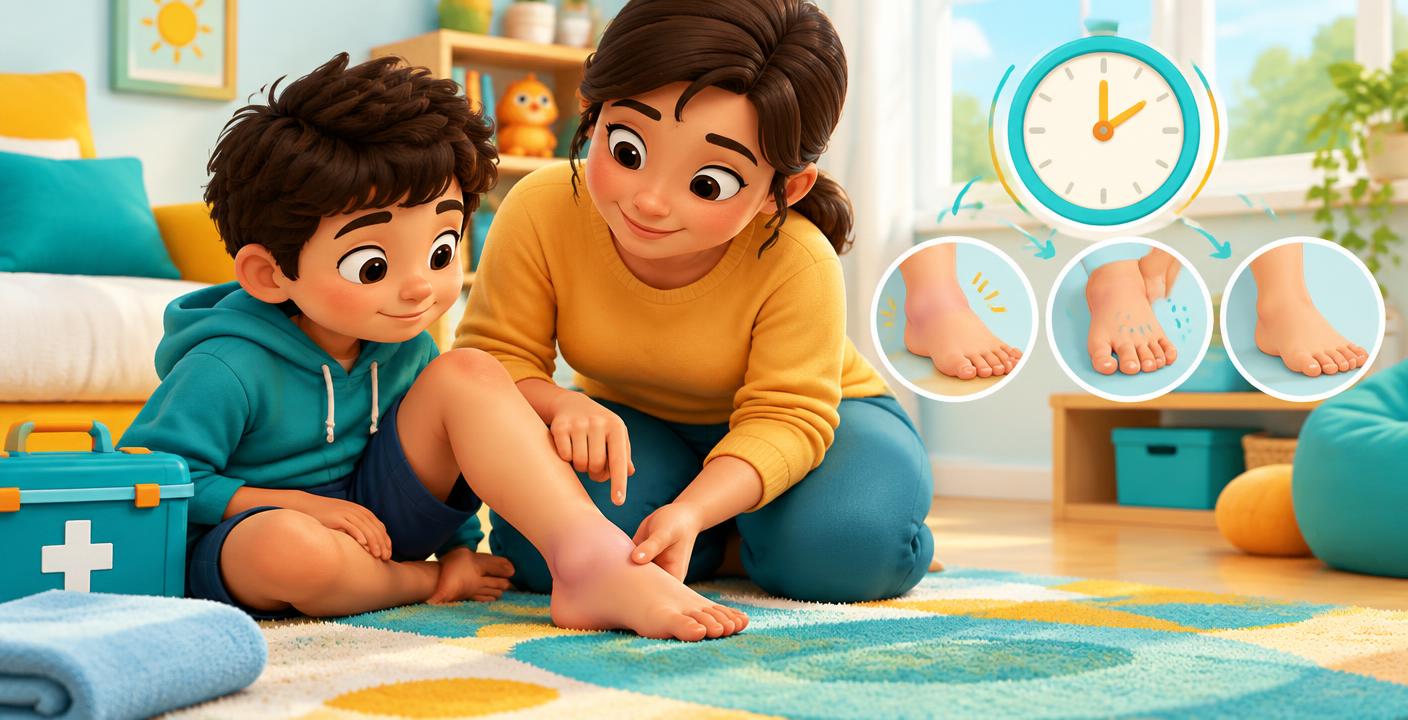 A child and adult calmly checking an ankle for changes