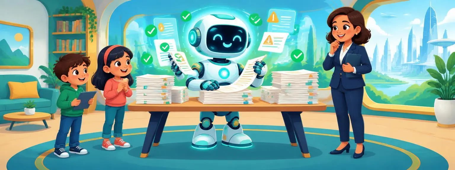 A friendly AI assistant checking contracts with children and a lawyer