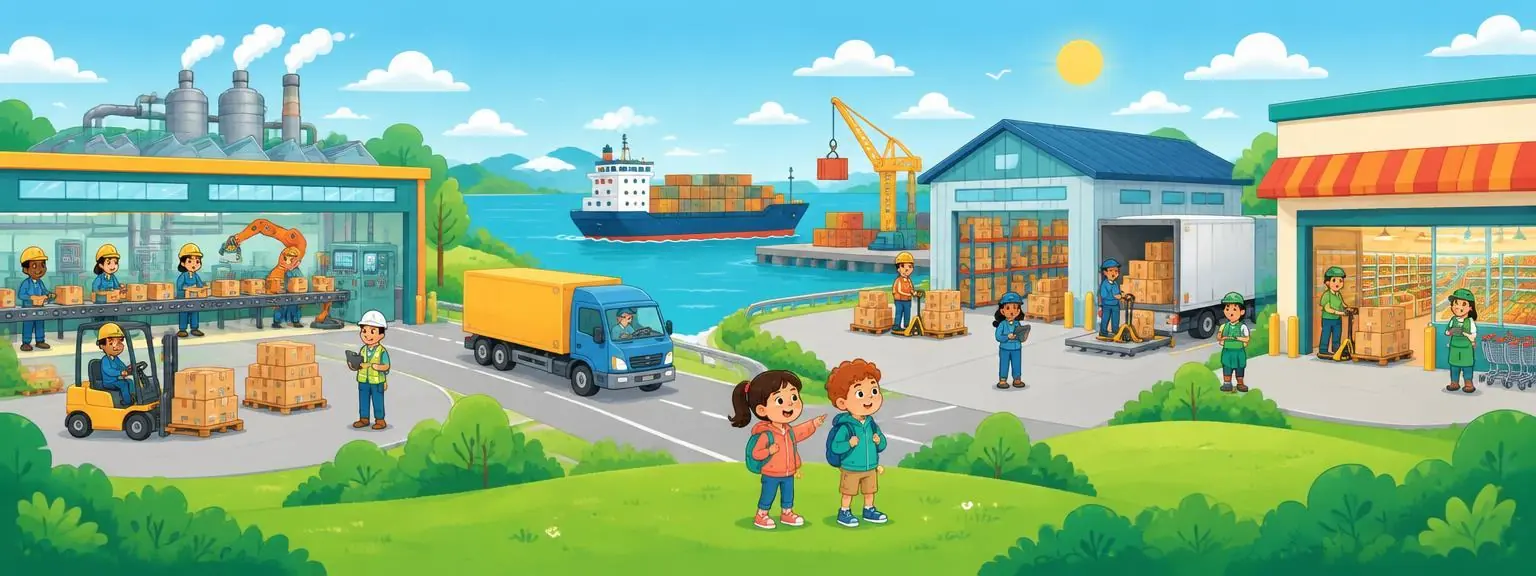 Products moving from a factory through transport and a warehouse to a store