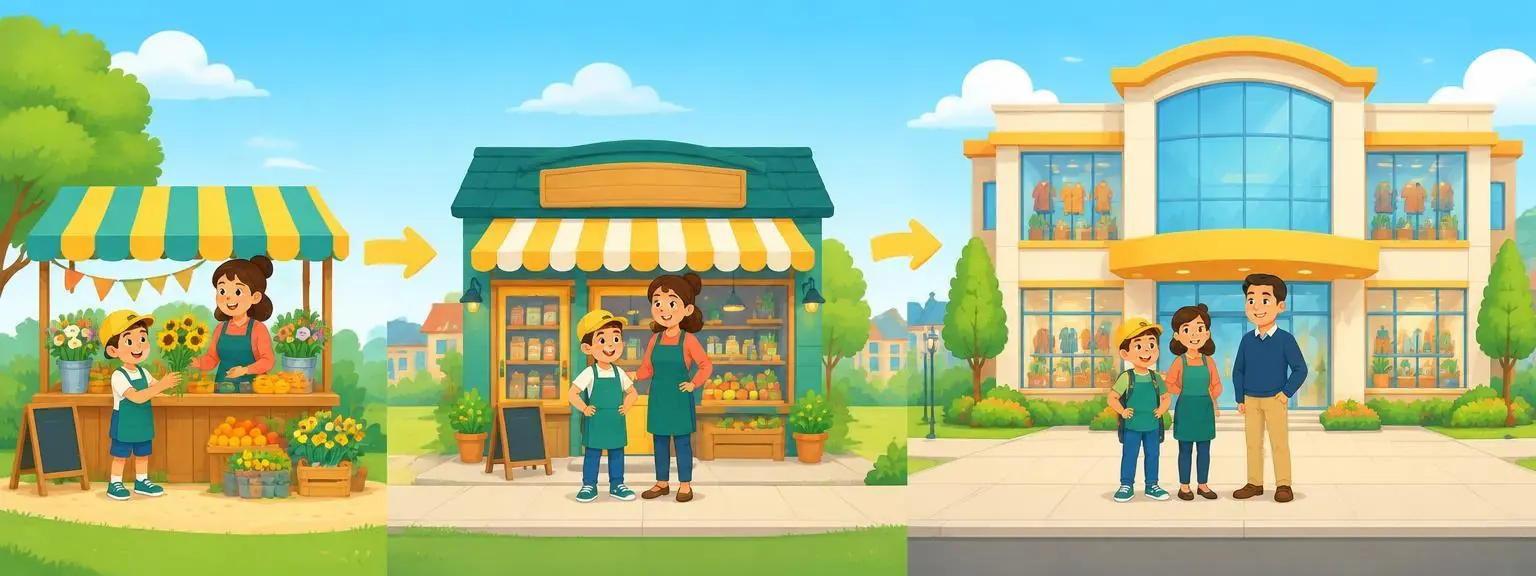 A tiny market stall growing into a shop and a large store