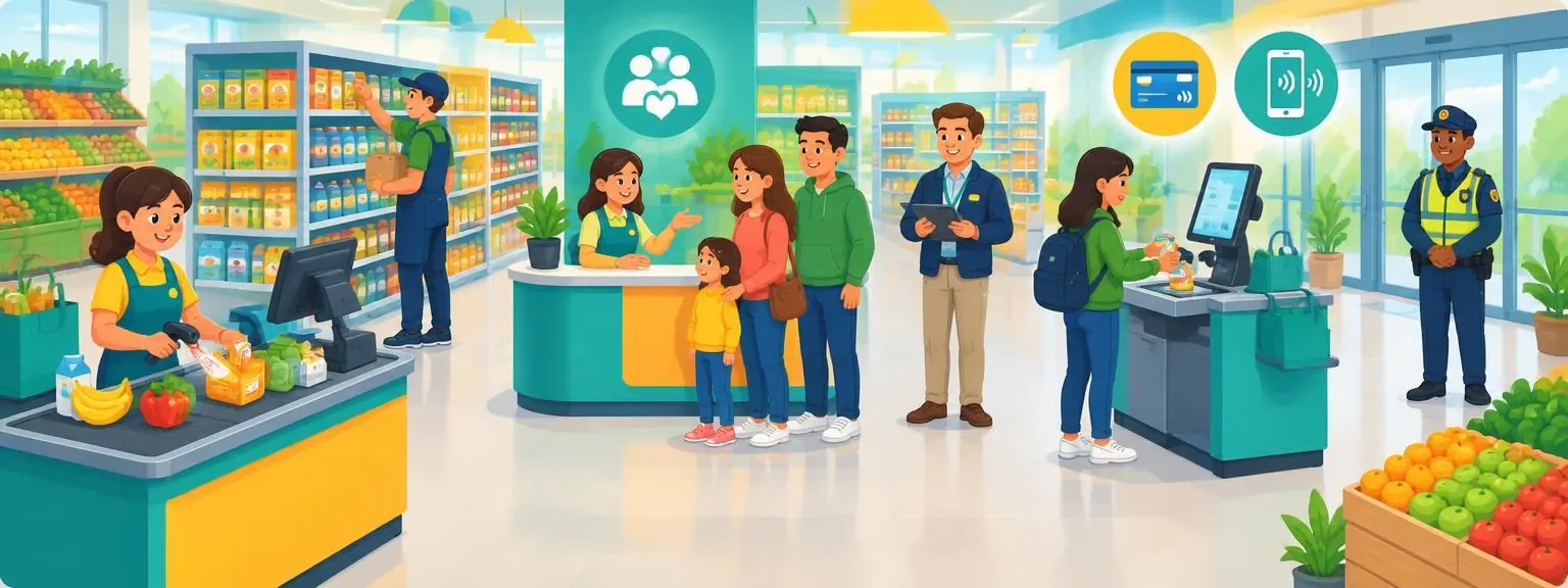 A complete supermarket team helping customers and operating checkouts