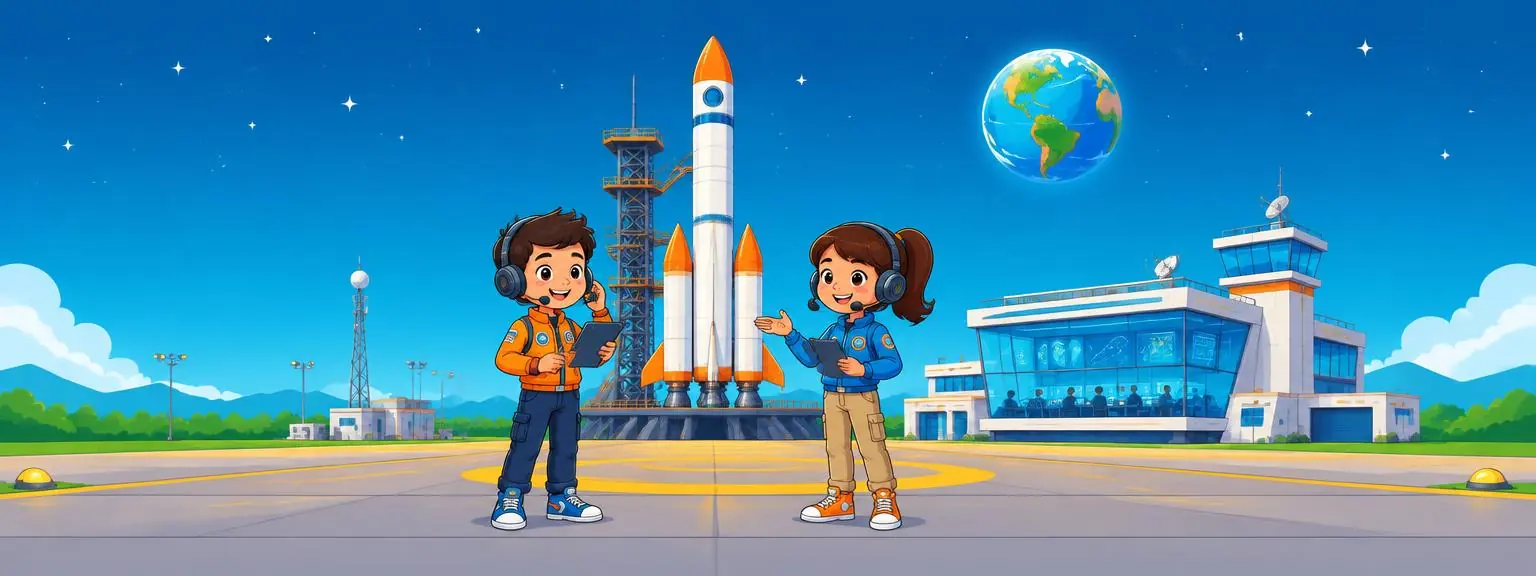Two young space operators beside a complete rocket and mission control centre