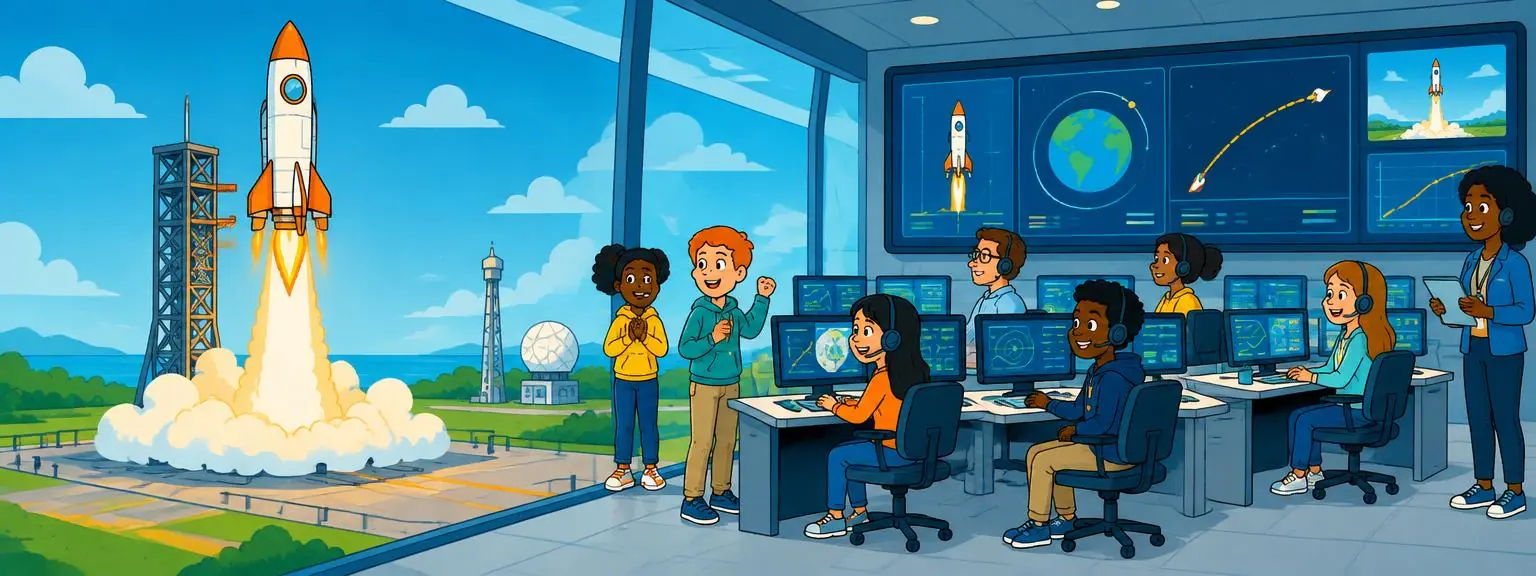 A complete rocket launching beside a busy mission control team