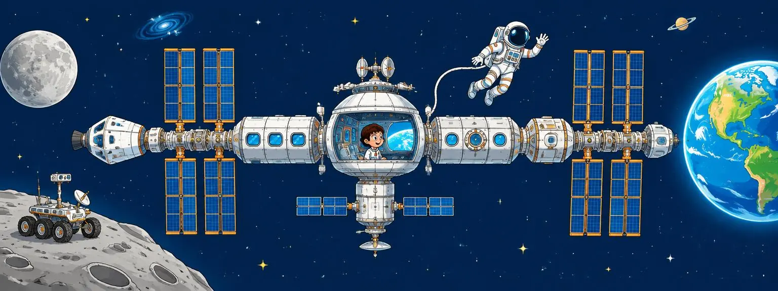 A complete space station, astronaut, tether, rover, Moon, and Earth all visible