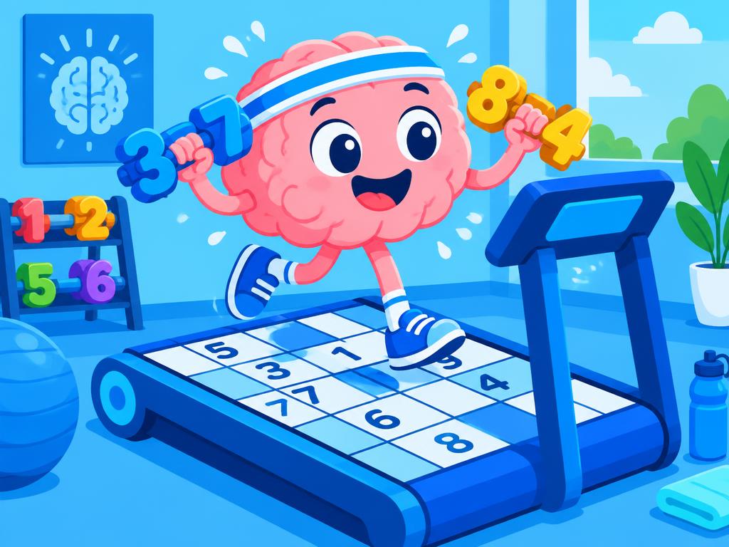 A brain character exercising on a Sudoku treadmill