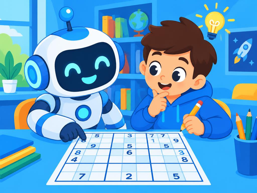 A friendly robot and a child solving Sudoku together