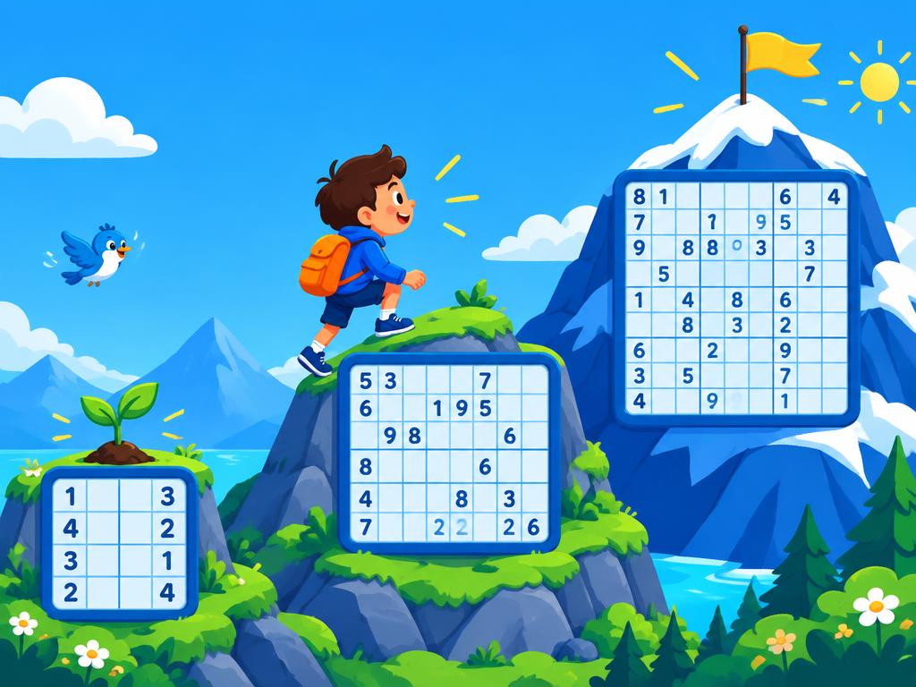A child climbing easy, medium and hard Sudoku grids