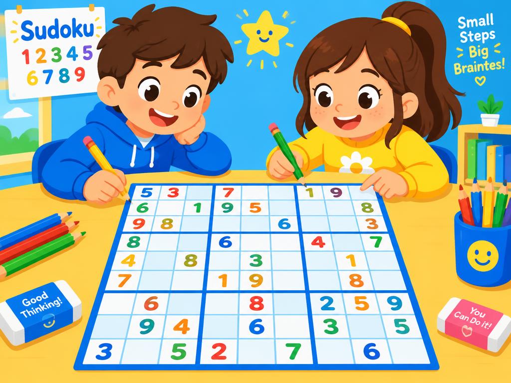 Two kids solving a giant Sudoku grid together