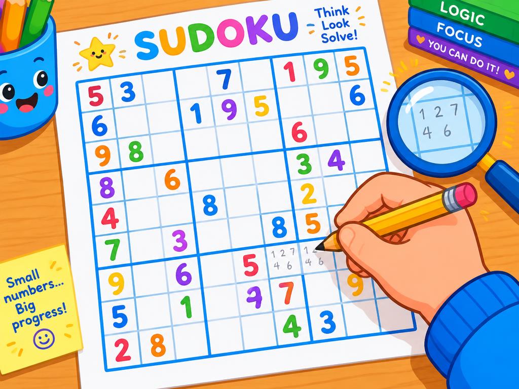 A child writing tiny pencil marks in a Sudoku square