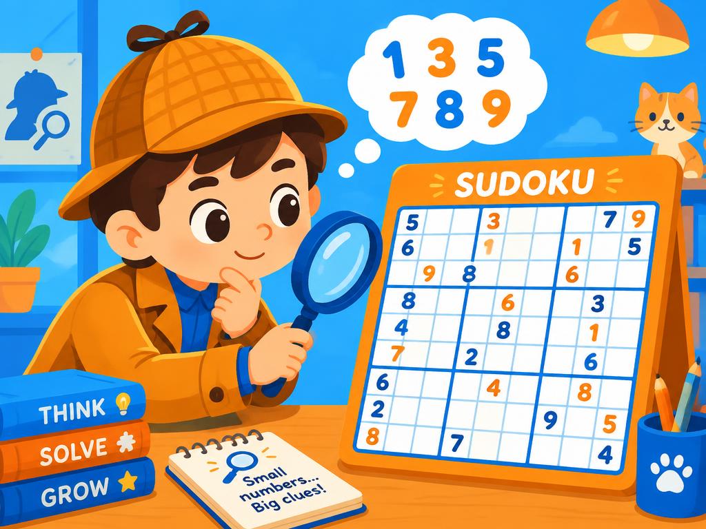A child thinking carefully over a Sudoku grid