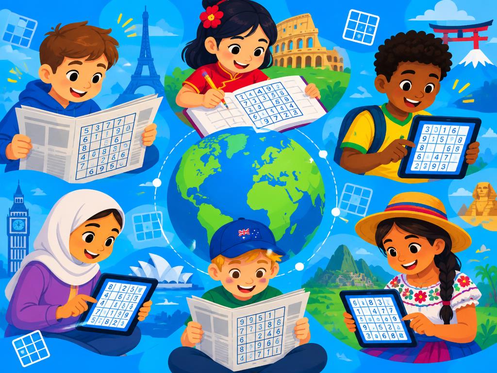 Children around the world solving Sudoku